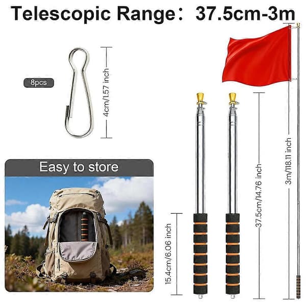 3 meter telescopic flagpole, handheld retractable flagpole with 4 clips, non-slip handle for camping guide events