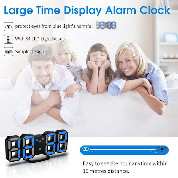3D LED Wall Clock, Digital Wall Clock, Digital Clock, 3D LED Alarm Clock with 3 Adjustable Brightness Digital White