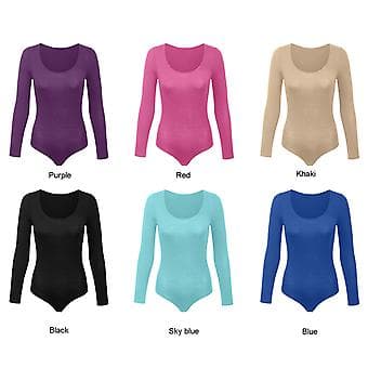 Women's Crew Neck Long Sleeve Bodysuit, Double Lined, Buttery Soft, Essential Basic Top (L Blue)