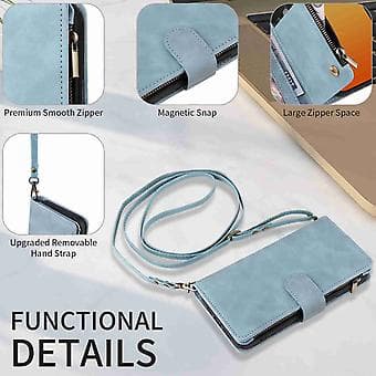 Læderpung-etui med lynlås til iPhone 15 Pro Max (Lyseblå)