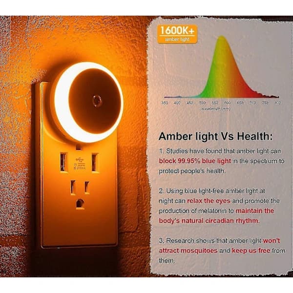 Amber Night Light, Plug-in LED Night Light, Dusk Sensor, Energy Efficient, Plug In, Soft Glow, 2-pack, orange