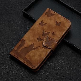 Compatible with iPhone 12 Pro Max Embossed Butterfly Cat Wallet Case with Card Slots Kickstand Case - Brown Brown