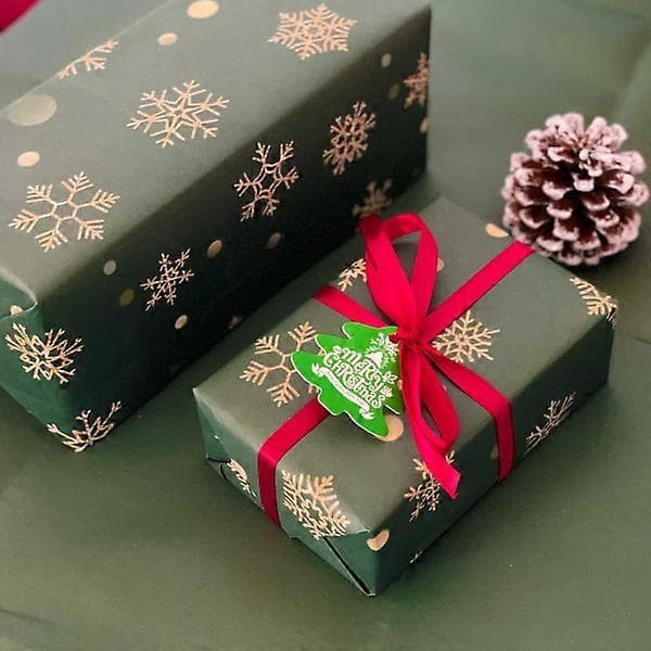 Julklappspapper 70x50 cm, 5 ark med band, julklappar, förpackningsmaterial, grönt presentpapper