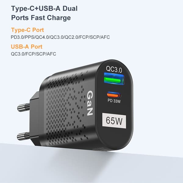65W GaN hurtigladeadapter hvit white