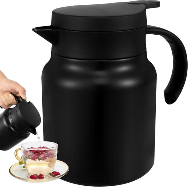 Tekande i rustfrit stål med filter, dobbeltvægget varmebevarende, trykknapslåg til te og kaffe hjemmekontor, 1L sort