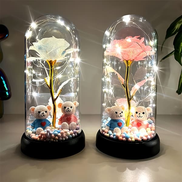Illuminated Rose Decoration in Clear Dome, Battery-Operated Table Decoration 1pc Illuminated Whi 1pc Illuminated Whi