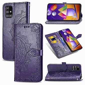 Horisontalt vendbart lærfutteral med Mandala-blomst for Galaxy M31s (lilla)