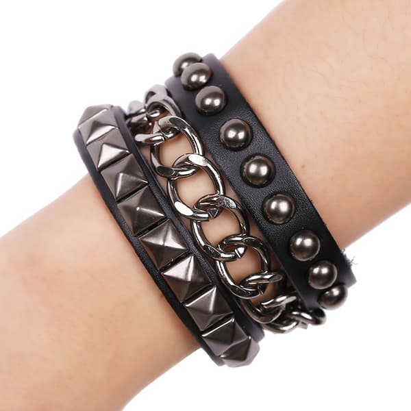 Herre Sort Ægte Læder Mode Armbånd Legering Knapper Manchet