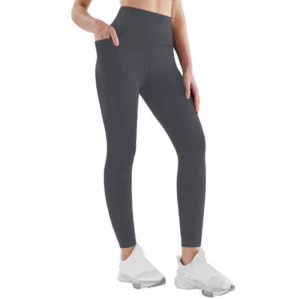 High-waisted yoga pants with double side pockets, nine-point nude yoga leggings dark gray-M