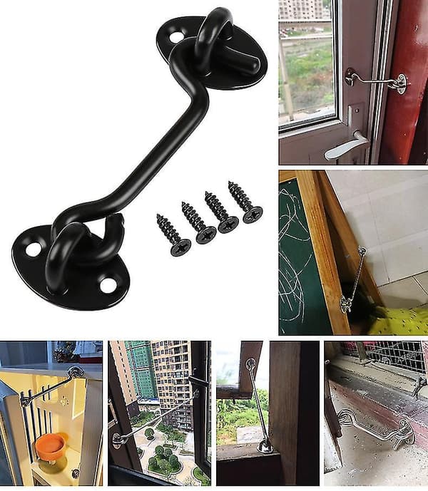 Sort hyttekrogslås, rustfrit hyttekrogslås, lås, letinstalleret lås, to sæt à 8