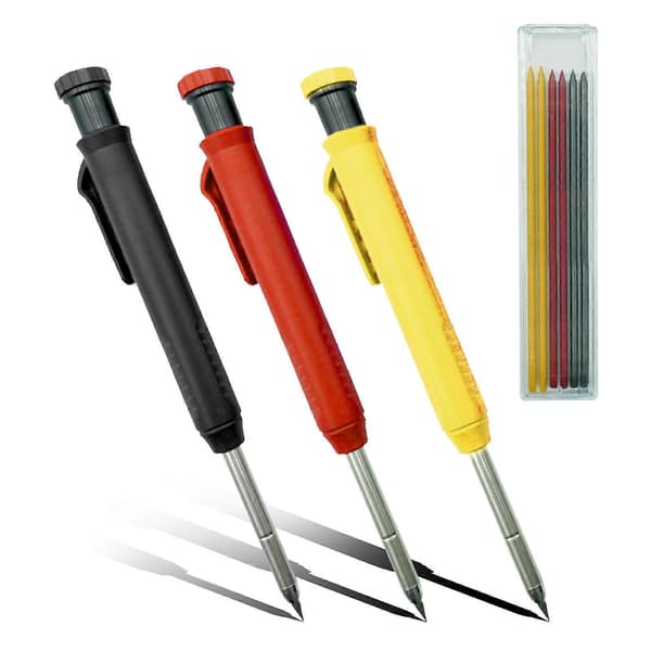 3-pack Carpenter Pencil with 18 Refills Mechanical Pencils Quick-Drying Construction Pencils with Built-in Sharpener Long Tip Deep Hole Pen Marker