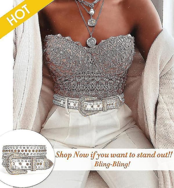 Bling Rhinestone Skinnbelte for Menn og Kvinner - 105cm Hvit