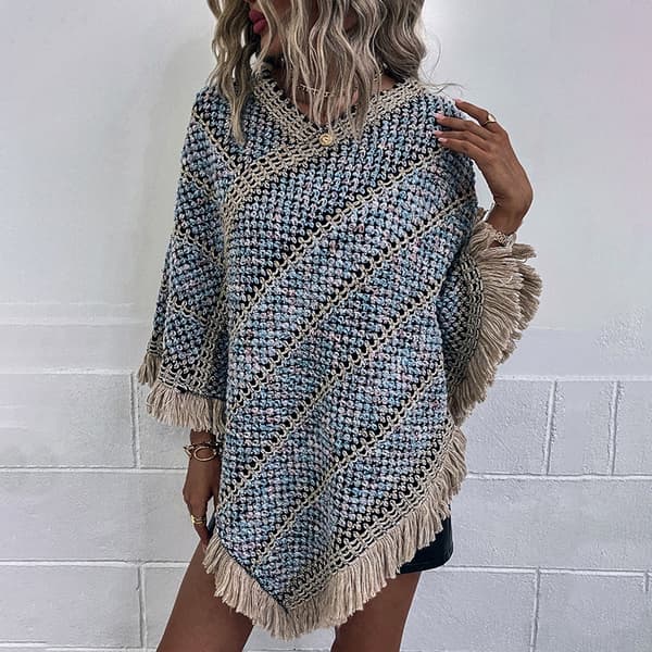 Stribet etnisk stil sweater cape med kvaster til kvinder