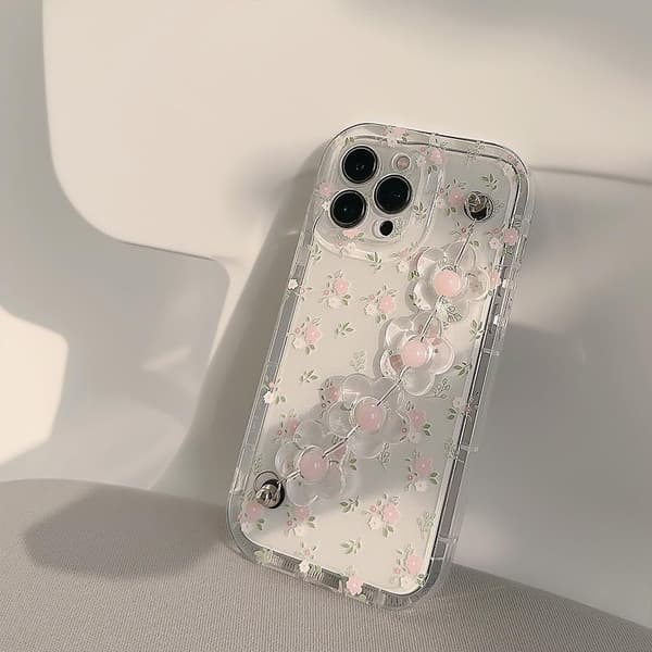 Kompatibel med iPhone 14 Pro-etui Sød Blomster Håndledsrem Kædearmbånd Klart Blødt Etui til Kvinder Piger