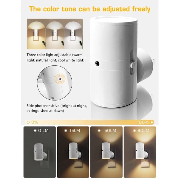 Night light, light sensor for energy saving, soft warm white light (3000K), easy to plug in, set of 2, for all rooms White WHITE{BT} WHITE WHITE