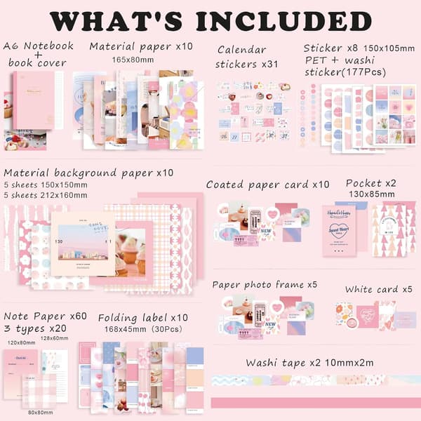 344 dele Scrapbooking tilbehørssæt, lyserødt Kawaii Bullet Journal Scrapbook-sæt med A6 gitternotesbog