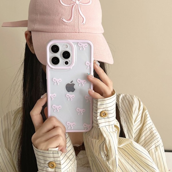 Cover til iPhone 16 PROMAX, Gennemsigtigt Sødt Bånd Roset Mønster Æstetisk Transparent Mobilcover Hævet Kamerabeskyttelse til Piger - Pink iPhone 16PROMAX
