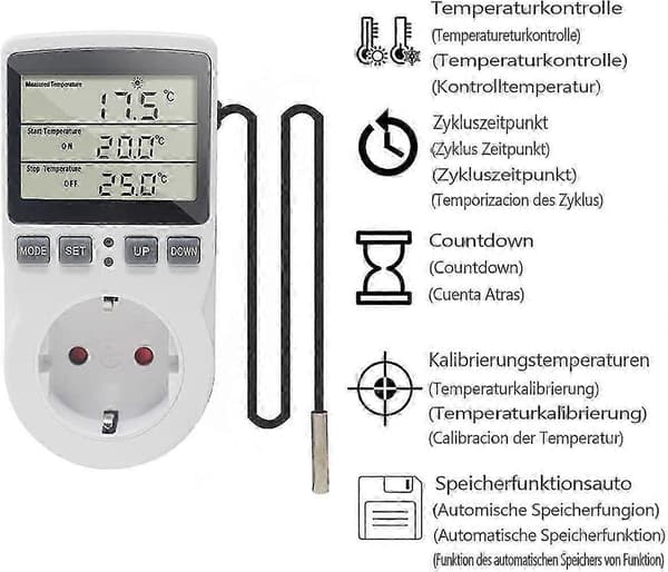 1 stk. 230 V temperaturkontrolstik med sensor, digital termostatstik med timer, termostatstik med timerfunktion til drivhuse, akvarier, H