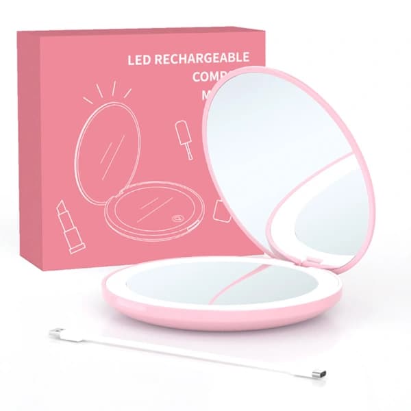 Compact Mirror with LED Light, Magnifying Rechargeable Mirror, Dimmable Travel Mirror for Purse, Pocket, Handheld 2-sided Makeup Mirror White