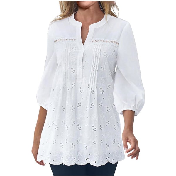 2024 sommermode 3/5-ærmet hvid skjorte ferie Løstflydende skjorte-M