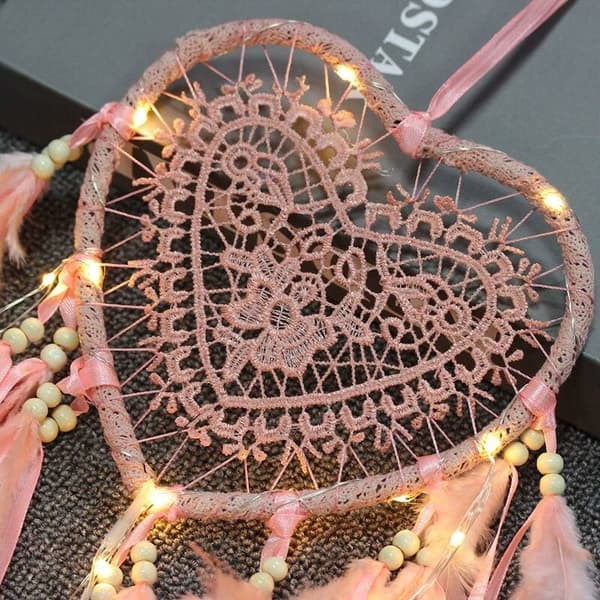Dream Catcher LED Light Boho Style Handmade for Bedroom Car Decoration Romantic Wall Decor Dream Catcher (Light Pink Light)
