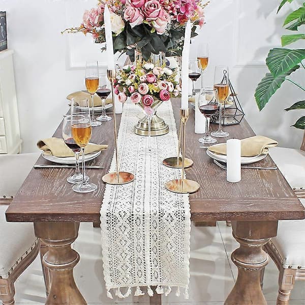 9,5\"x 71\" Beige Makramé Bordløber Rektangulær Hæklet Blonde Elegant Hul Mesh Dug til Rustik Boho Bryllupsdekor Brud & Baby