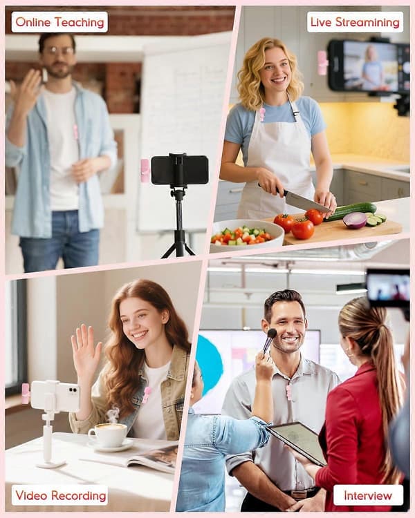 Trådløs Lavalier-mikrofon med støjreduktion, Plug and Play, Rosa til iPhone Android YouTube TikTok