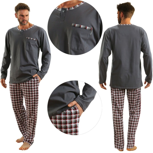Sesto Senso herrpyjamas 100 % bomull långärmad + pyjamasbyxor nattdräkt - Jasiek Graphite - XXL
