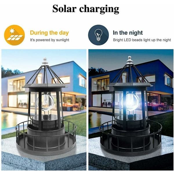 Garden Decoration Lighthouse Solar LED Rotating Warning Light Large Black Iron Lamp