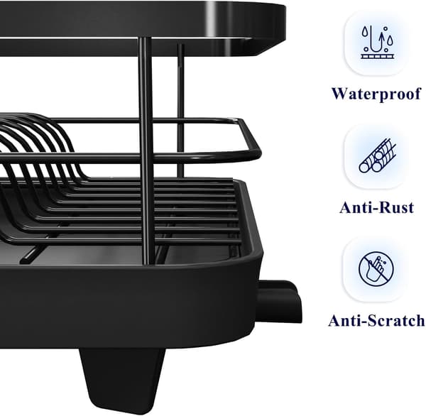 Dish Drying Rack for Kitchen - Compact and Space Saving, Stainless Steel with Utensil Holder, 40 x 30 x 13 cm, Black