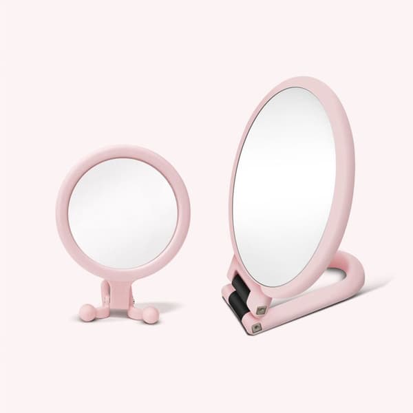 10X Portable Magnifying Glass, Double-Sided Folding Makeup Mirror, Handheld Mirror with Adjustable Handle (Pink)
