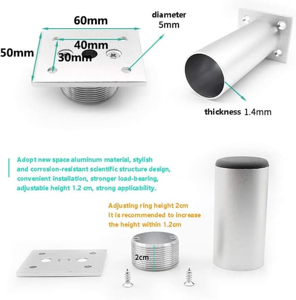 (Sort) 4 matte møbelben, 100 mm aluminium, TV-bordben
