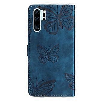Compatible with Huawei P30 Pro Embossed Butterfly Case with Wallet and Stand - Blue Blue Blue