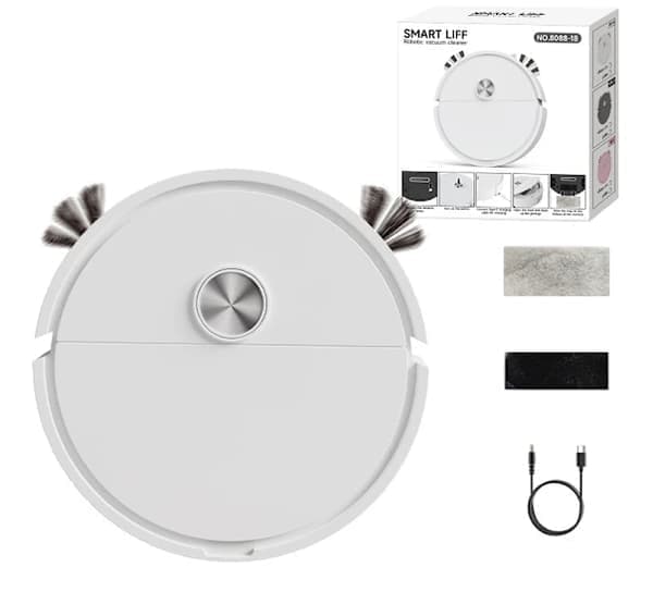 Rechargeable Mini Robot Vacuum Cleaner with Mop, Compact Floor Cleaning Machine White White White