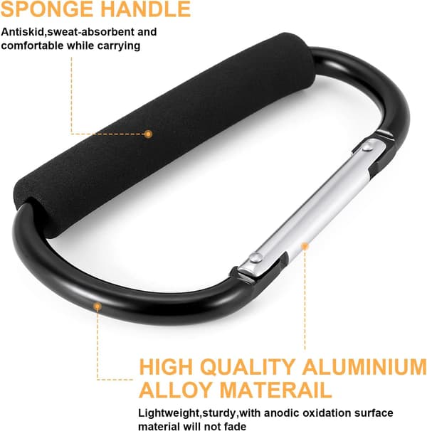 2-pack Stroller Clips, Stroller Hooks, Stroller Carabiner, 16cm Black Stroller Hook, Universal Large Stroller Hook