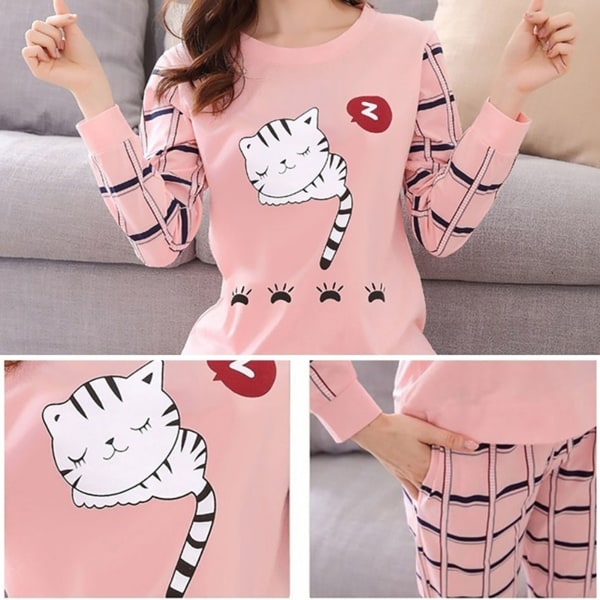 Vinter Söt Cartoon Cat Print Pyjamas Set Dam Tvådelad långärmad nattkläder||Rosa||XL