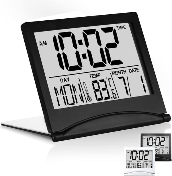 Digital Travel Alarm Clock - Foldable Calendar & Temperature & Timer LCD Clock - Large Digit Display - Compact Desk Clock (Black)