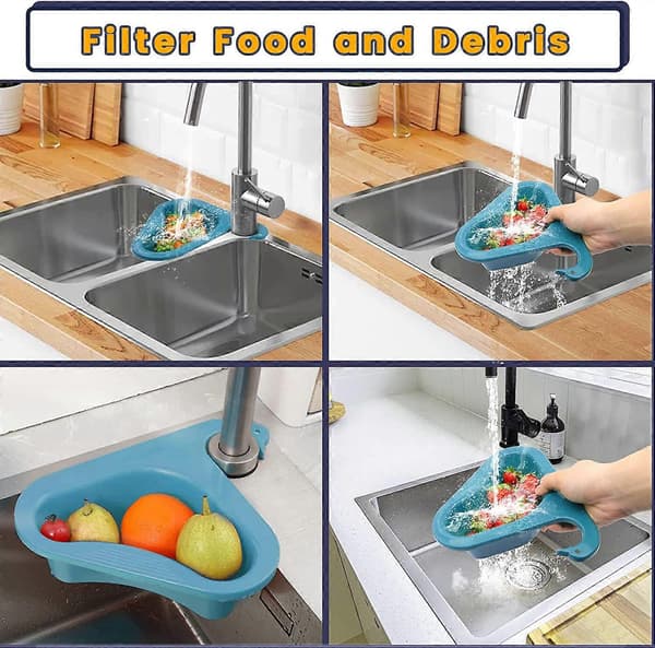 Sink Drain Basket, Triangular Sink Drain Rack Corner, Multifunctional Triangular Sink Strainer Fits All Sinks (Blue*2)