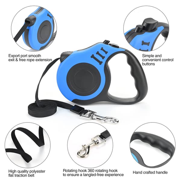 Retractable Dog Leash, Extendable with Non-Slip Handle & Adjustable Leash, 5m Nylon Tape, One-Hand Brake, Pause Lock (Blue)