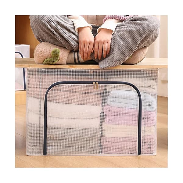 Fabric Clothes Steel Transparent Storage Box Bedding Blanket Pillow Shoe Rack Container Foldable S