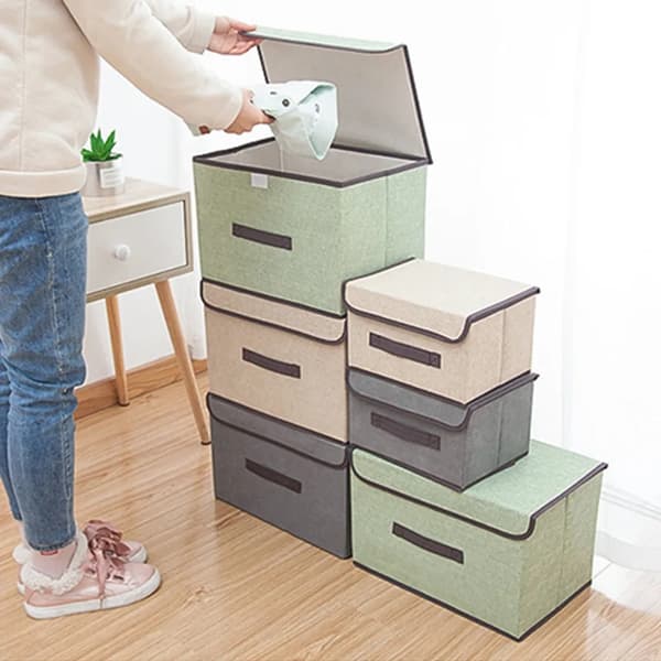 2X Storage Boxes with Lids, Foldable Washable Non-Woven Fabric Clothes Storage Box, Wardrobe Organizer, Storage Box (Beige)
