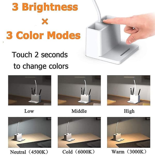 Desk Lamp with Pen Holder for Computer/Desk, Rechargeable, Eye-Caring, Flexible Gooseneck - Bedside