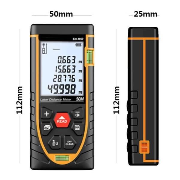50m Laser Distance Meter - Measuring Tool with Dual Bubble Level - Portable Digital Laser Rangefinder