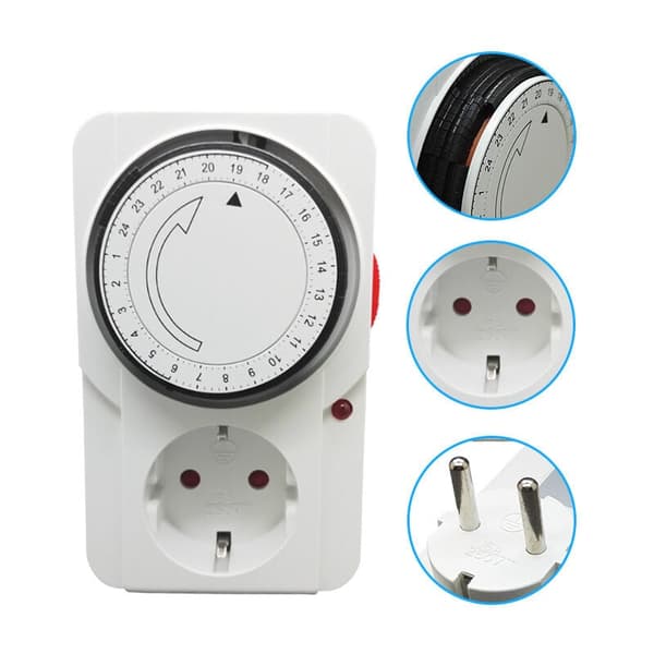 Mekanisk daglig timer inter. 3000 W indikatorlampe. Mekanisk daglig timerstik, hvid farve, 16A