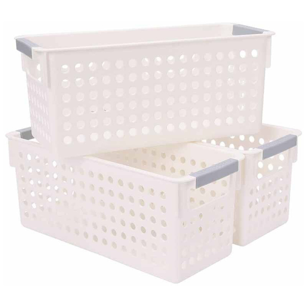 Small Plastic Storage Baskets, Kitchen Storage, Bedroom Shelf Storage Basket, 3-Pack (White, S)