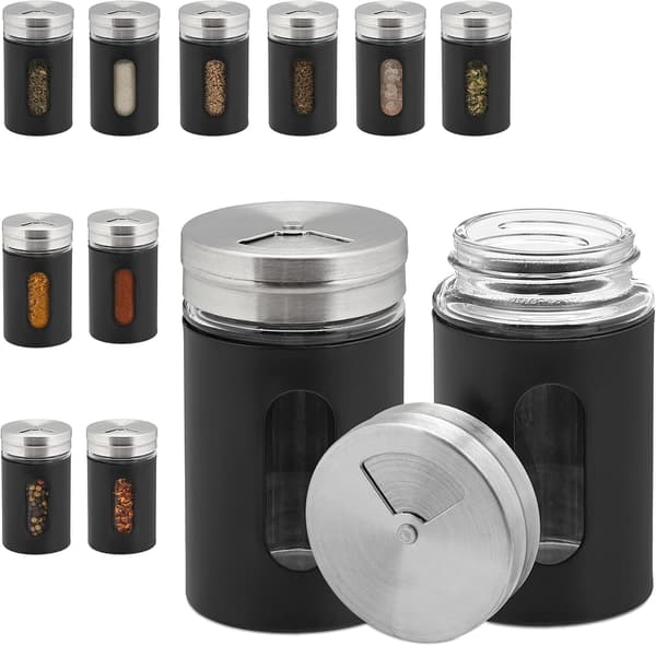 Krydderidåser, Sæt med 12, 3 Hulstørrelser, Urter, 90 ml, Glas og Rustfrit Stål, Sort/Sølv
