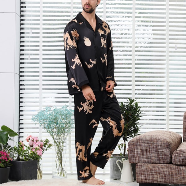 Herrsimitation Drake Print Skjorta Byxor Par Sovkläder Pyjamas Set||Svart||L