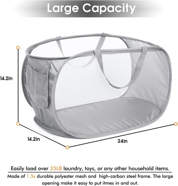Durable Foldable Laundry Baskets, Mesh Pop Up Laundry Hamper with Practical Pocket, Collapsible Clothes Basket with Reinforced Carry Handles-Grey