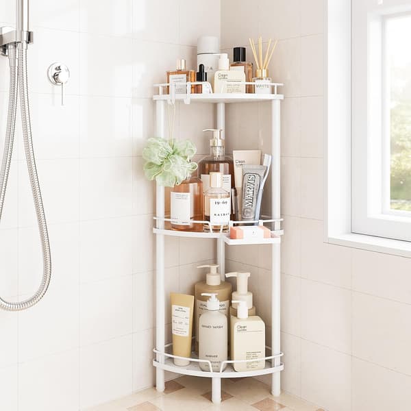 Corner Shower Caddy Standing 3 Shelves Stainless Steel Shower Organizer with Soap Dish Adjustable Legs and 2 Hooks White
