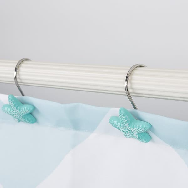 Decorative Resin Blue Starfish Shower Ring, Rust-Resistant Shower Curtain Hooks, Iron Hooks with Chrome Plating, 12-Pack (Blue Starfish)
